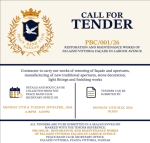 𝗖𝗮𝗹𝗹 𝗳𝗼𝗿 𝘁𝗲𝗻𝗱𝗲𝗿 - PBC/001/26 - RESTORATION AND MAINTENANCE WORKS OF PALAZZO VITTORIA FA